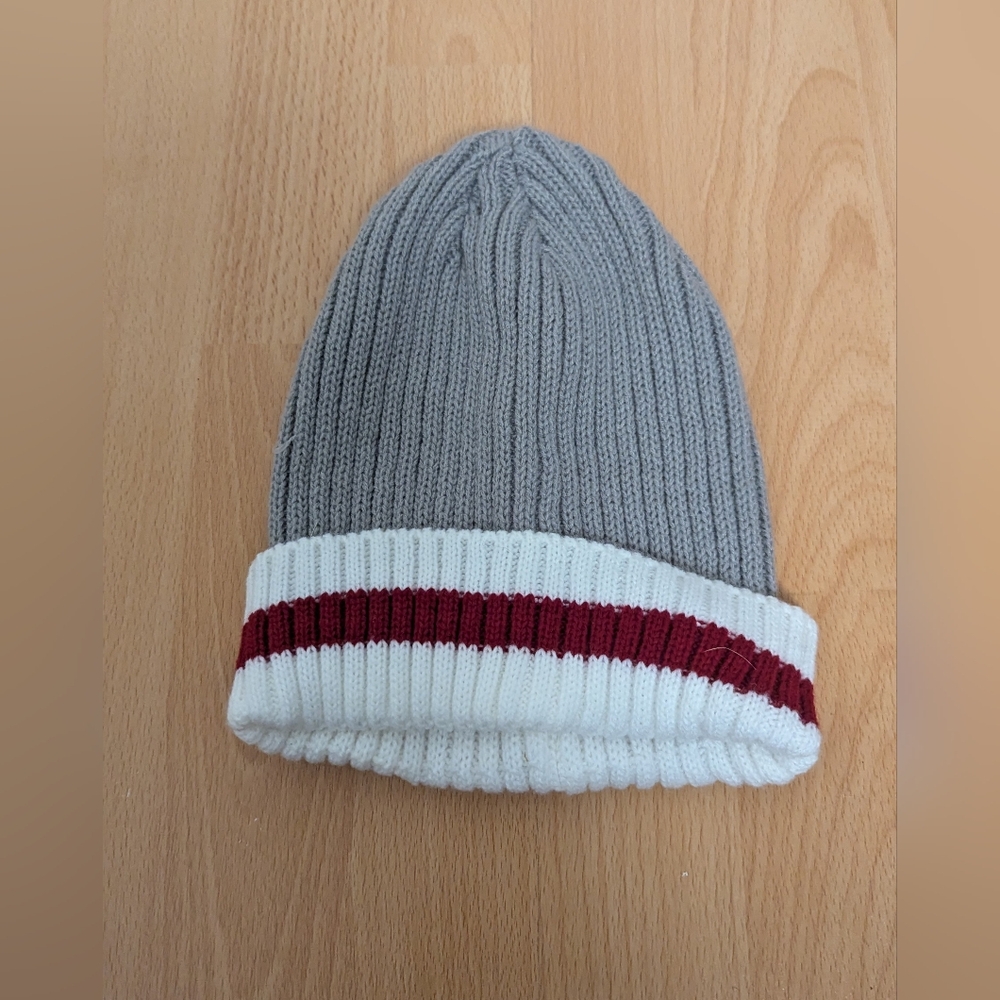 Brand New Grey Knit Beanie - Striped Cuff